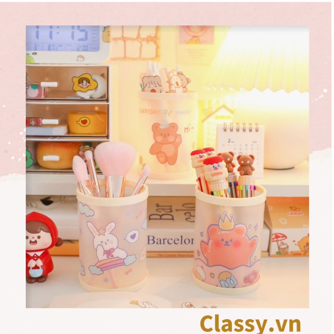 PK788 Hộp bút sáng tạo họa tiết hoạt hình Nhật Bản hình trụ tròn trong suốt Đựng Bút Đựng Viết, Văn Phòng Phẩm, làm thùng rác màu pastel trưng bày bàn học, bàn làm việc, nhà cửa