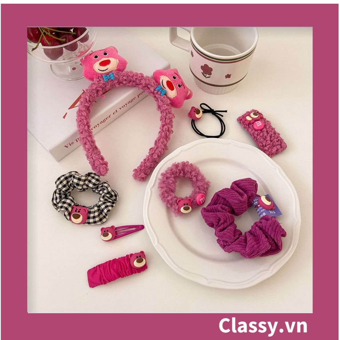 PK799 Bộ sưu tập dây cột tóc băng đô và kẹp tóc màu hồng tía, in hình gấu Teddy cute ngộ nghĩnh