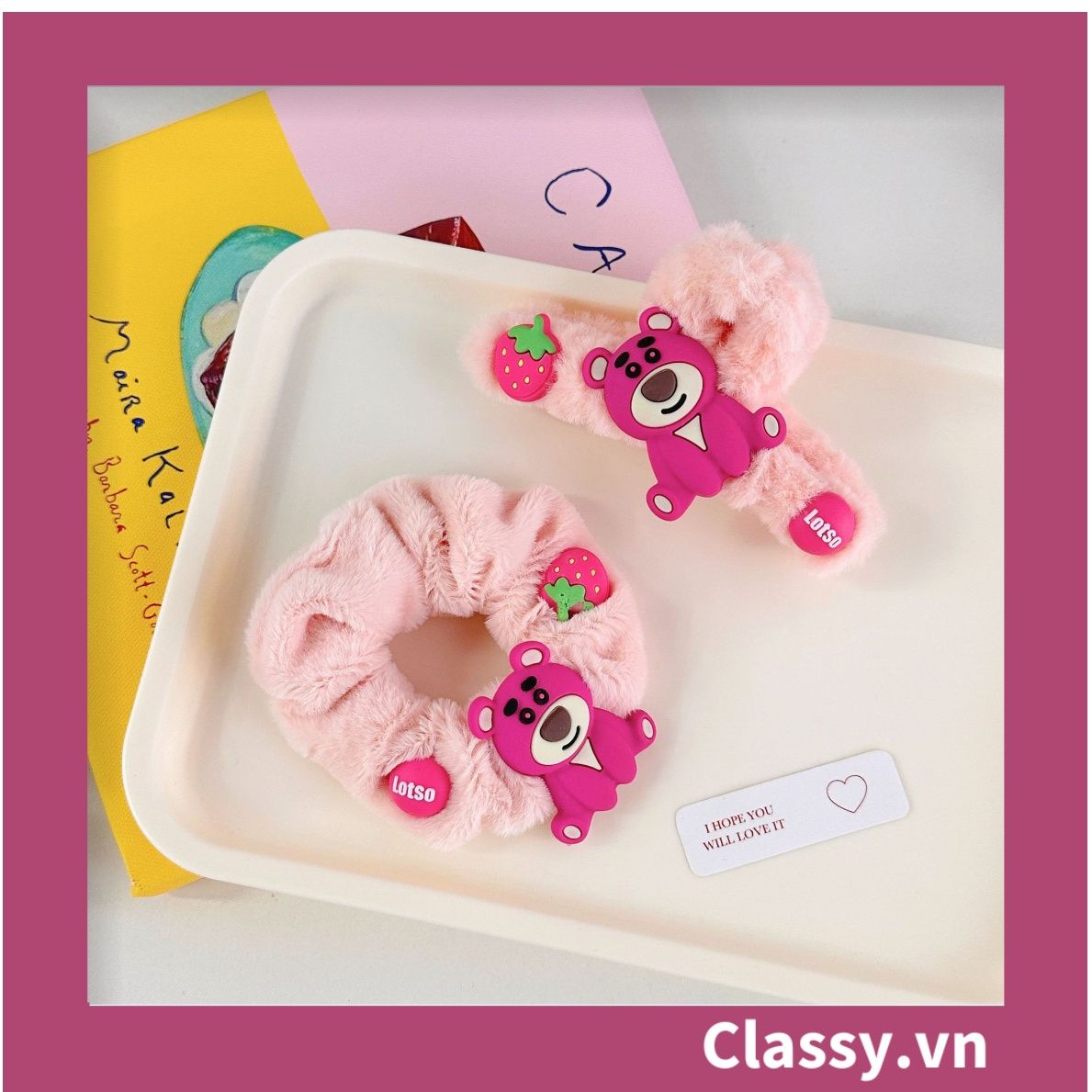 PK799 Bộ sưu tập dây cột tóc băng đô và kẹp tóc màu hồng tía, in hình gấu Teddy cute ngộ nghĩnh