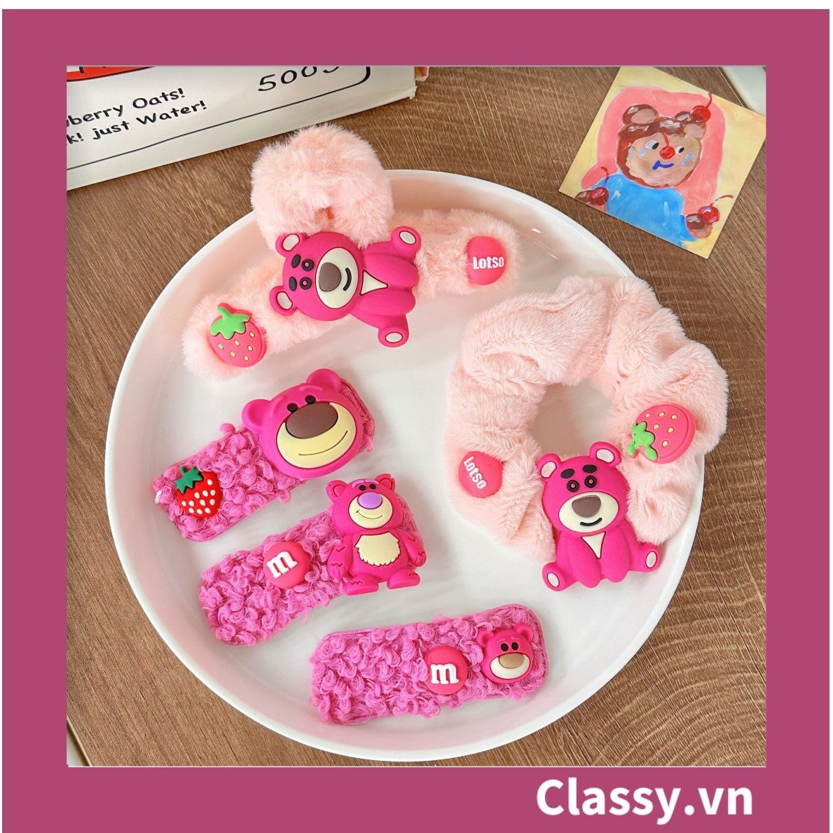 PK799 Bộ sưu tập dây cột tóc băng đô và kẹp tóc màu hồng tía, in hình gấu Teddy cute ngộ nghĩnh