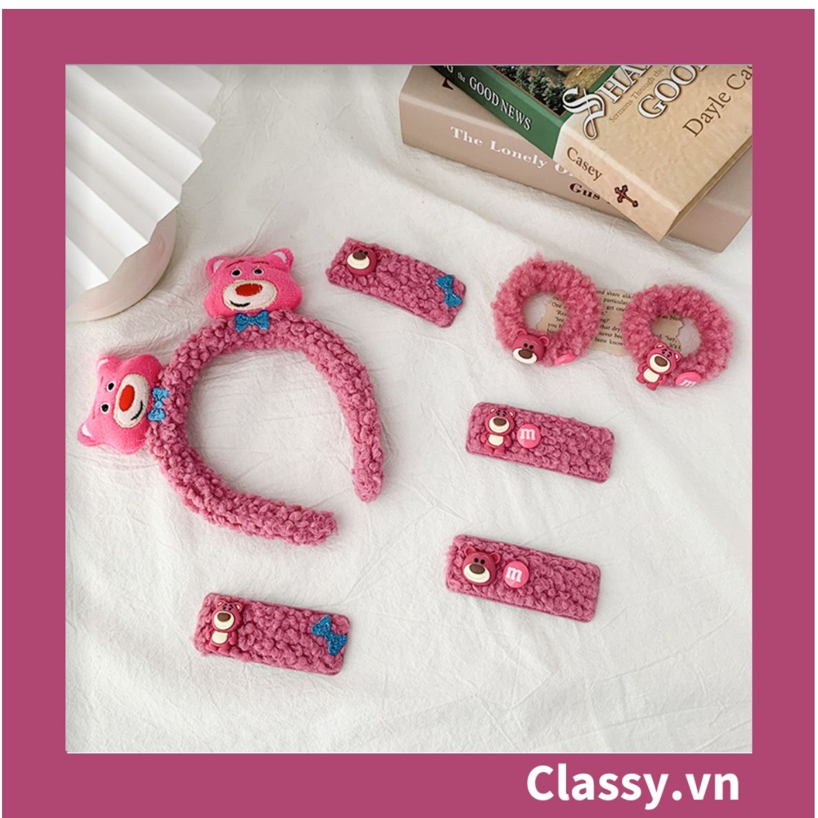 PK799 Bộ sưu tập dây cột tóc băng đô và kẹp tóc màu hồng tía, in hình gấu Teddy cute ngộ nghĩnh