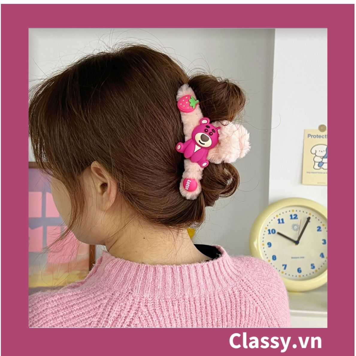 PK799 Bộ sưu tập dây cột tóc băng đô và kẹp tóc màu hồng tía, in hình gấu Teddy cute ngộ nghĩnh
