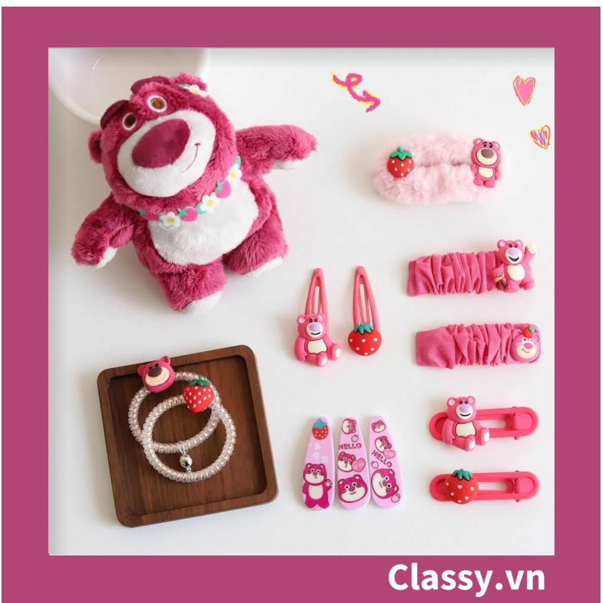 PK799 Bộ sưu tập dây cột tóc băng đô và kẹp tóc màu hồng tía, in hình gấu Teddy cute ngộ nghĩnh