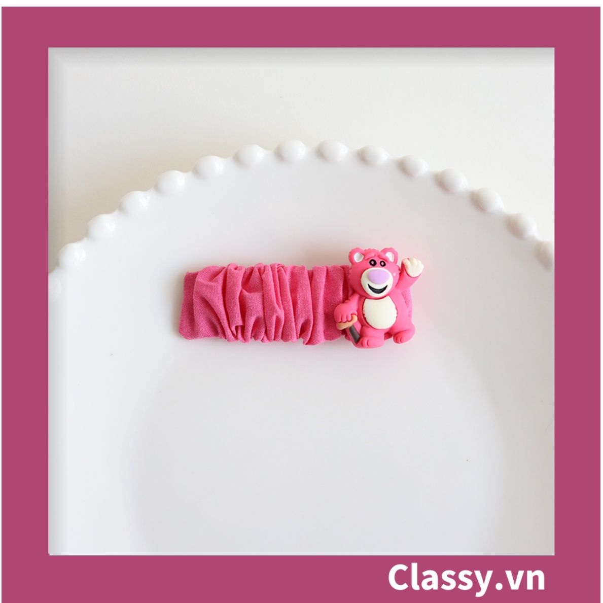 PK799 Bộ sưu tập dây cột tóc băng đô và kẹp tóc màu hồng tía, in hình gấu Teddy cute ngộ nghĩnh