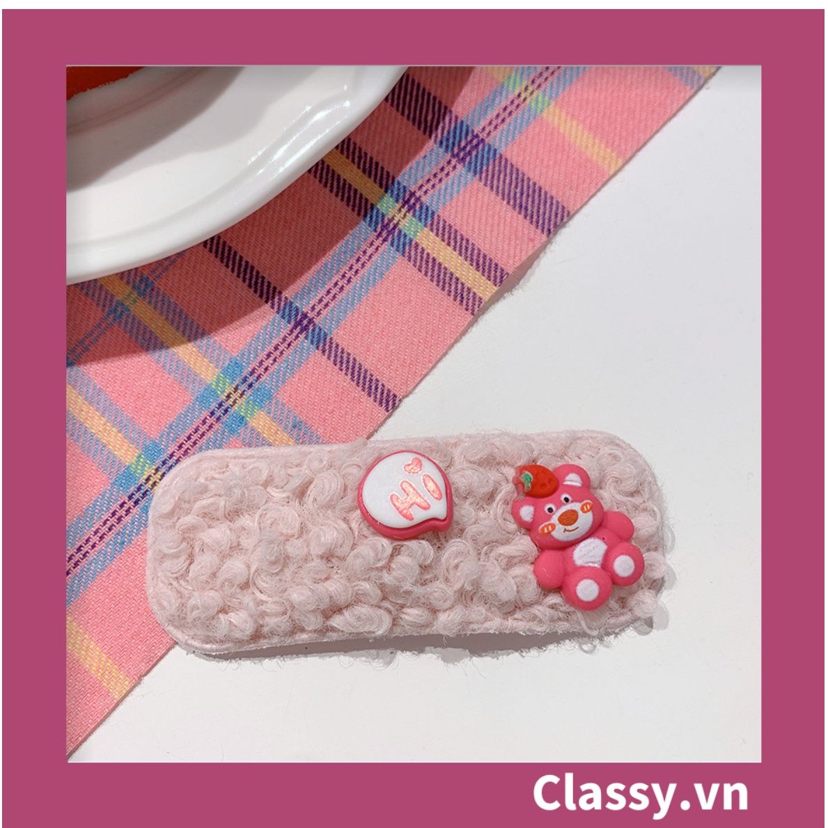 PK799 Bộ sưu tập dây cột tóc băng đô và kẹp tóc màu hồng tía, in hình gấu Teddy cute ngộ nghĩnh