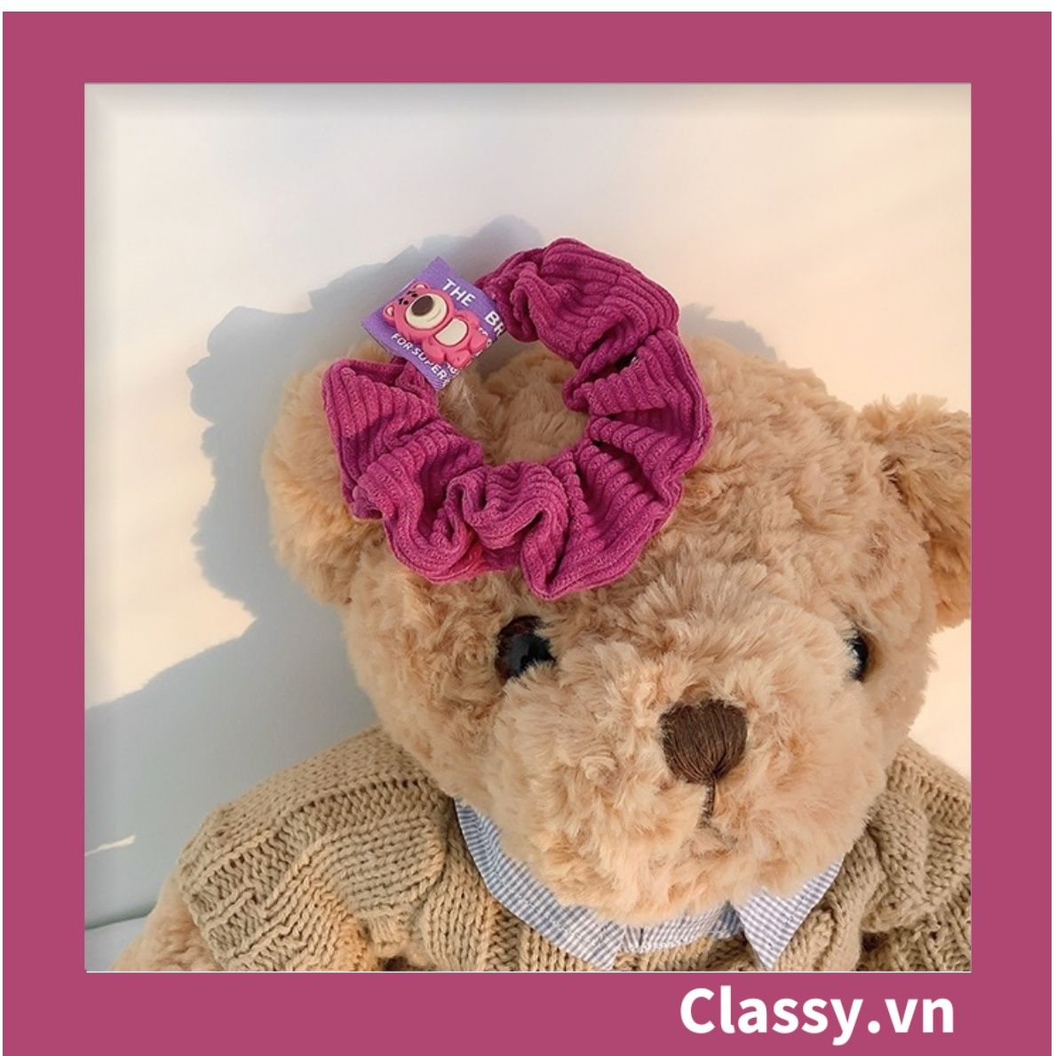 PK799 Bộ sưu tập dây cột tóc băng đô và kẹp tóc màu hồng tía, in hình gấu Teddy cute ngộ nghĩnh