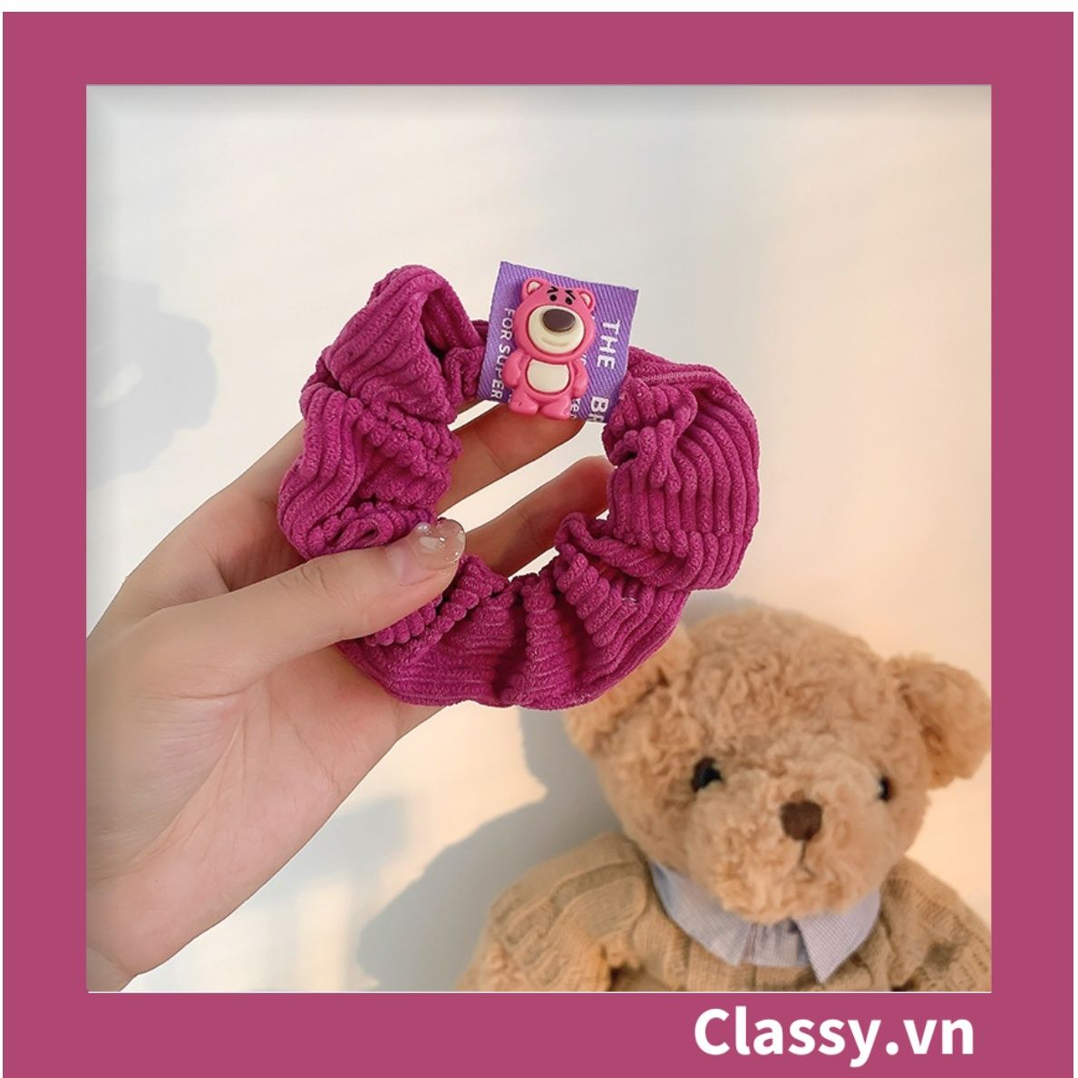 PK799 Bộ sưu tập dây cột tóc băng đô và kẹp tóc màu hồng tía, in hình gấu Teddy cute ngộ nghĩnh