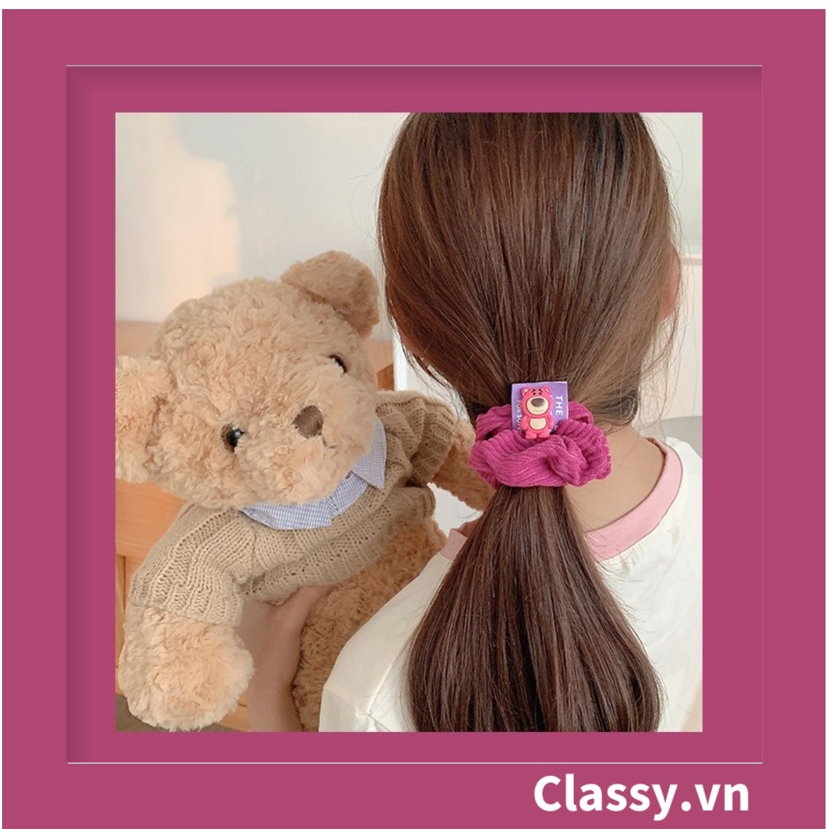 PK799 Bộ sưu tập dây cột tóc băng đô và kẹp tóc màu hồng tía, in hình gấu Teddy cute ngộ nghĩnh 