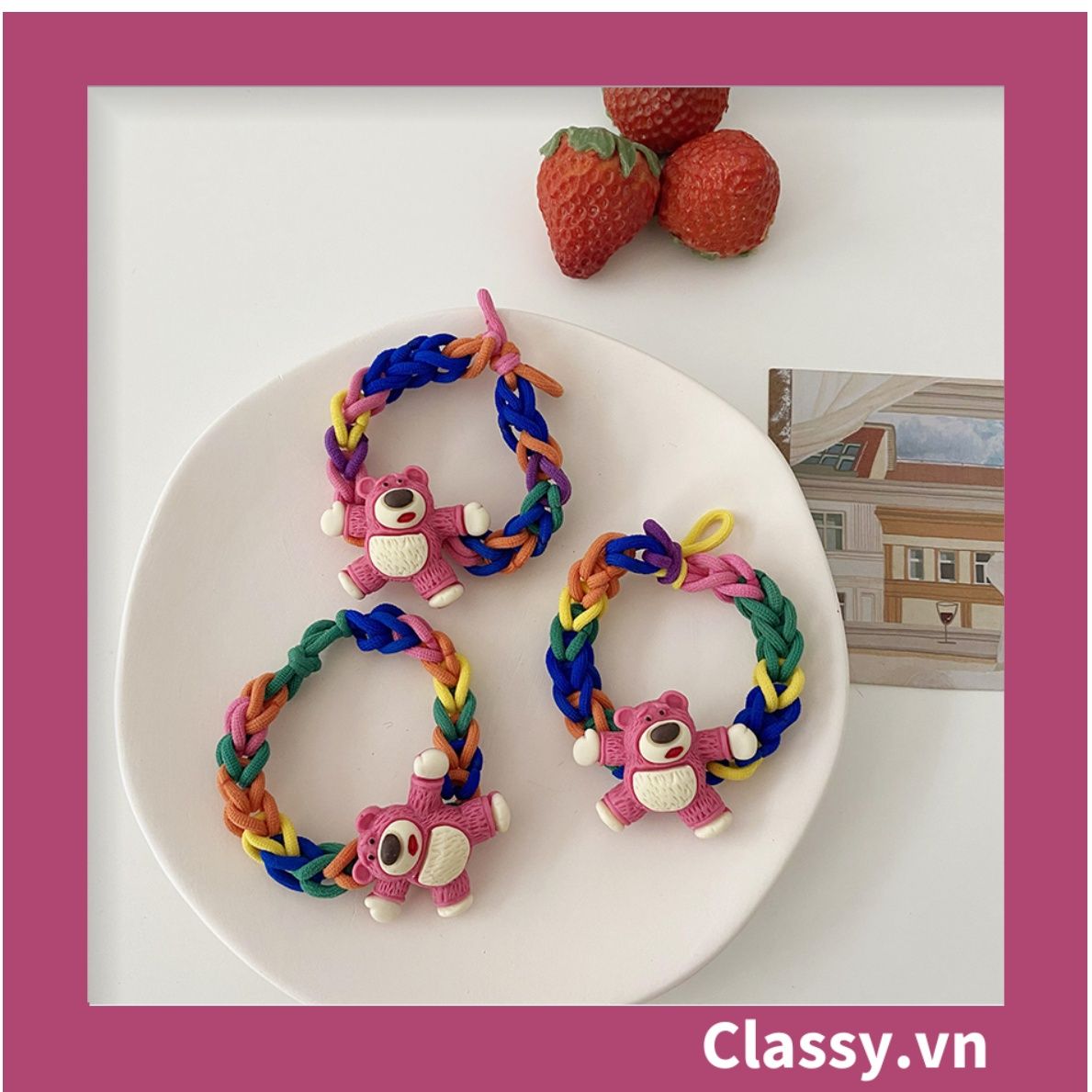PK799 Bộ sưu tập dây cột tóc băng đô và kẹp tóc màu hồng tía, in hình gấu Teddy cute ngộ nghĩnh