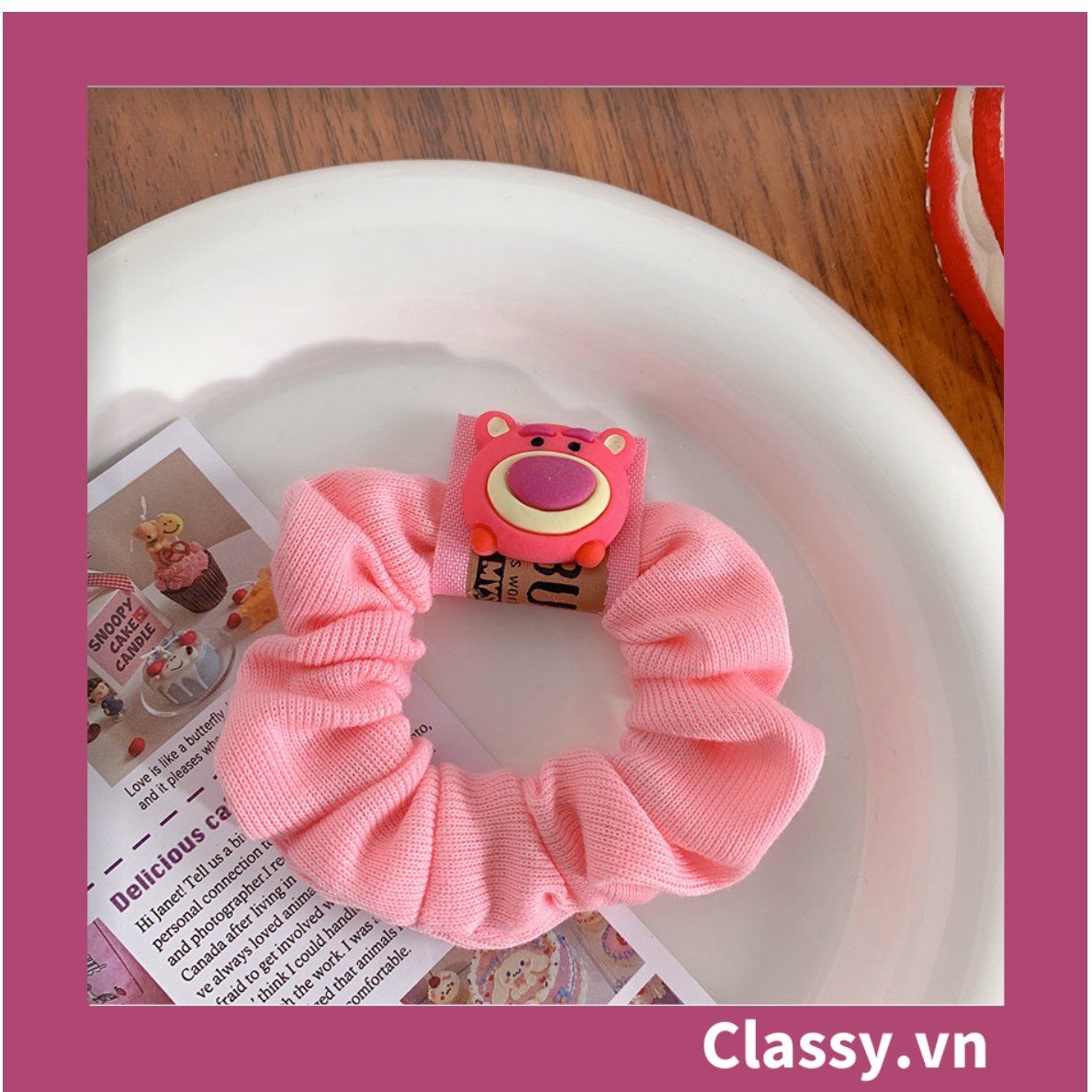 PK799 Bộ sưu tập dây cột tóc băng đô và kẹp tóc màu hồng tía, in hình gấu Teddy cute ngộ nghĩnh