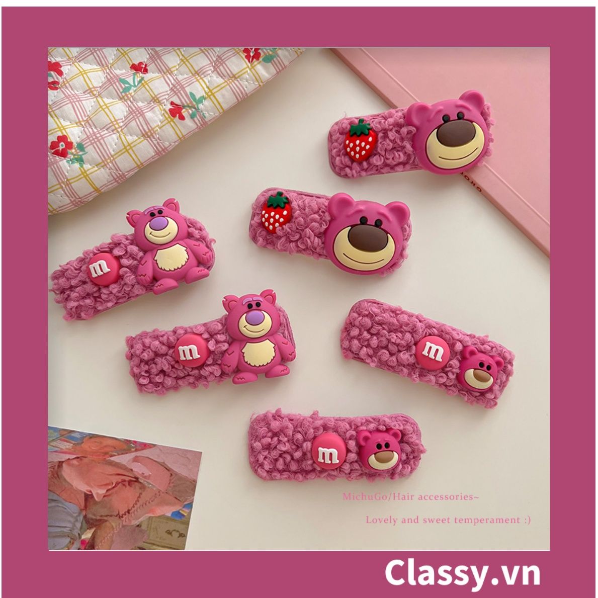 PK799 Bộ sưu tập dây cột tóc băng đô và kẹp tóc màu hồng tía, in hình gấu Teddy cute ngộ nghĩnh