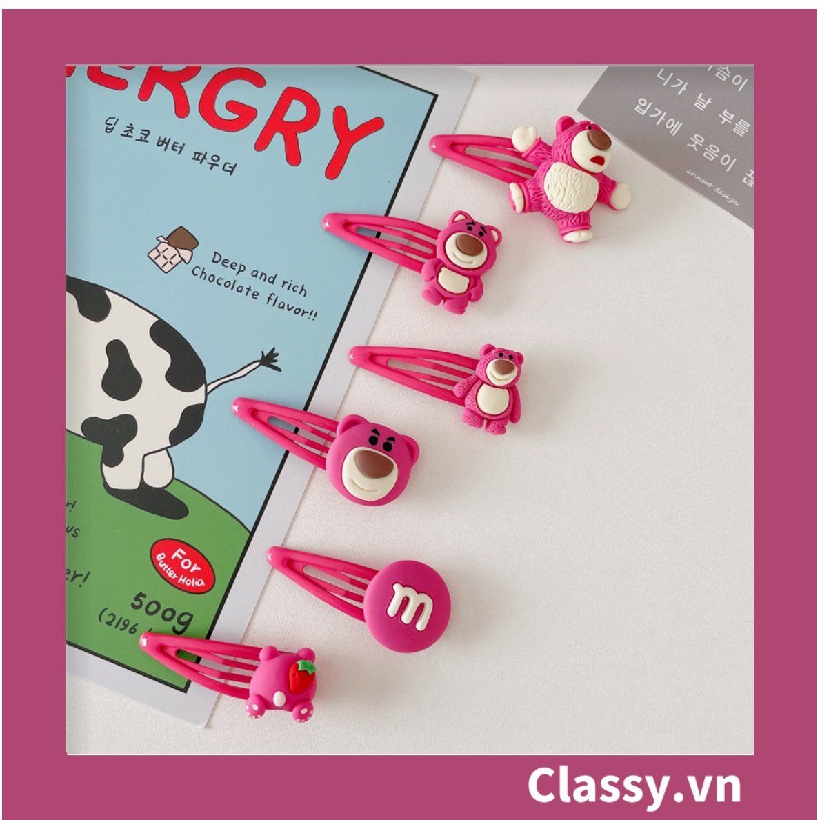 PK799 Bộ sưu tập dây cột tóc băng đô và kẹp tóc màu hồng tía, in hình gấu Teddy cute ngộ nghĩnh
