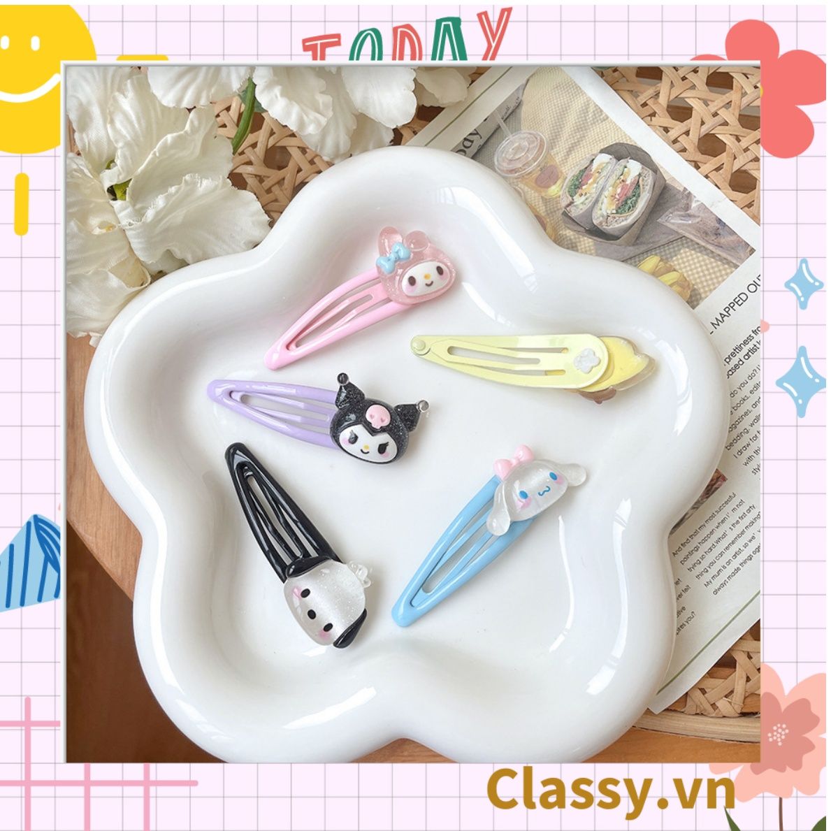 PK909 Kẹp tóc mỏ vịt tông be, họa tiết tóc bé gái cực cute và nữ tính