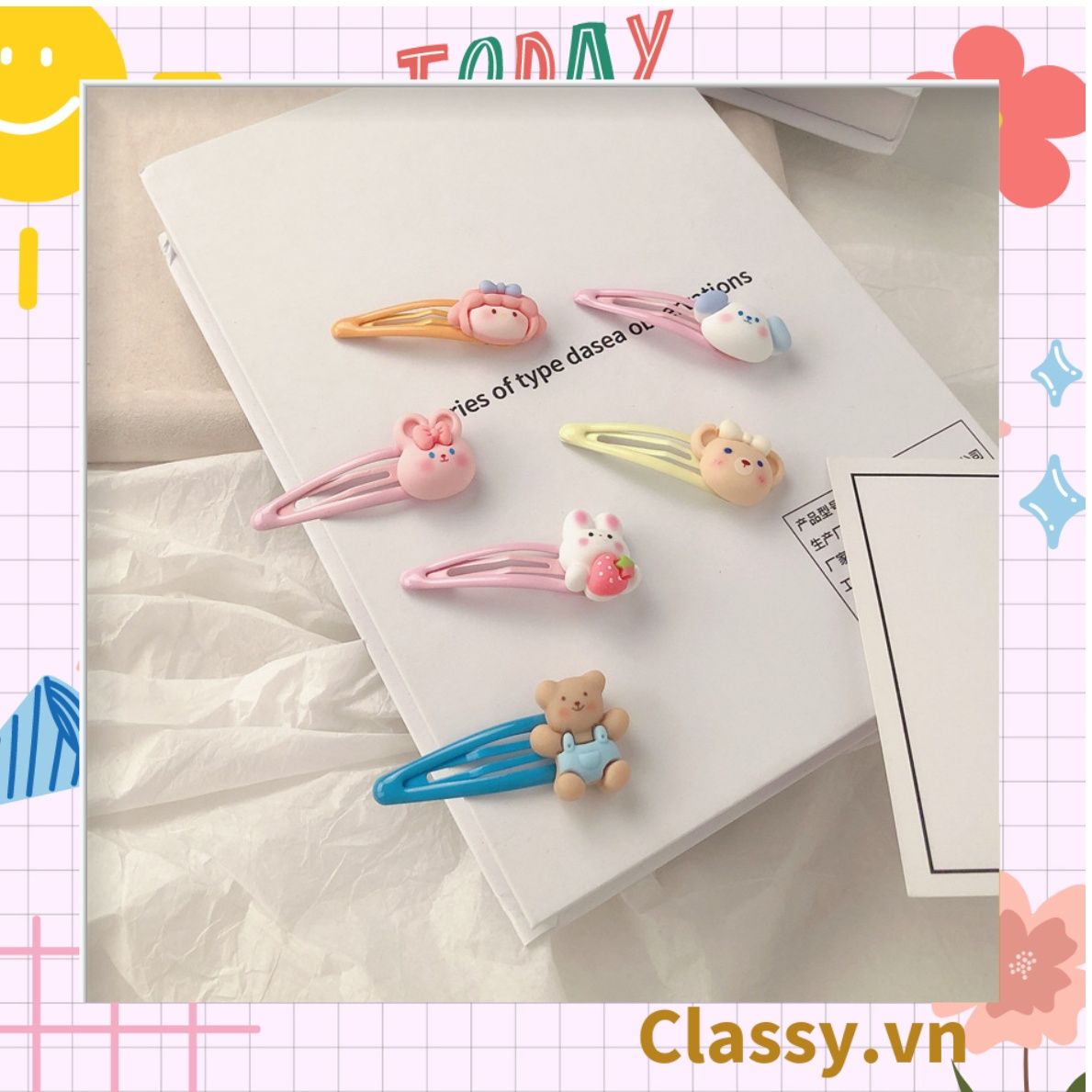 PK909 Kẹp tóc mỏ vịt tông be, họa tiết tóc bé gái cực cute và nữ tính