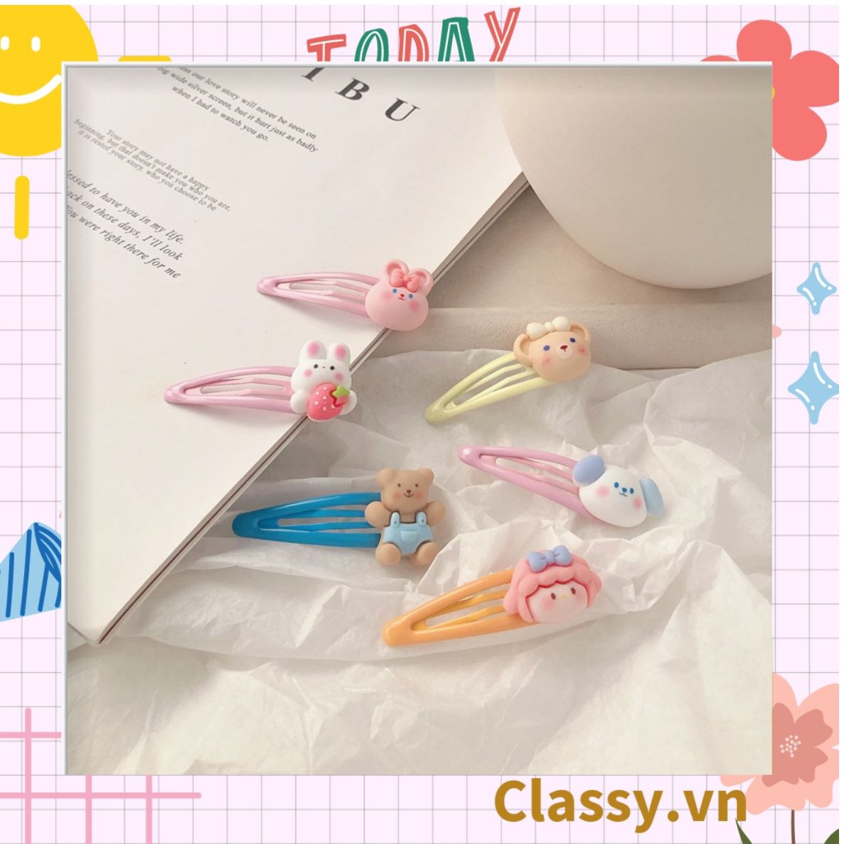 PK909 Kẹp tóc mỏ vịt tông be, họa tiết tóc bé gái cực cute và nữ tính