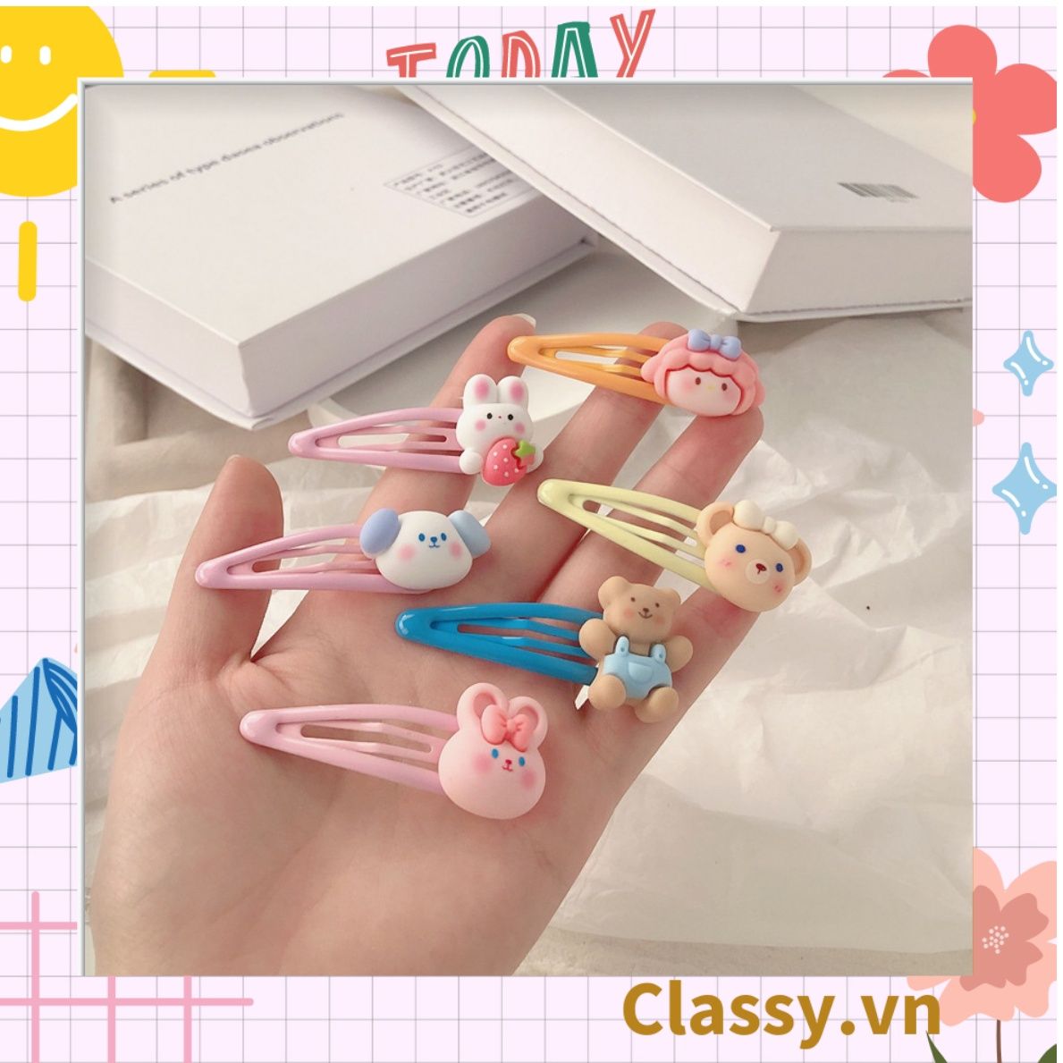 PK909 Kẹp tóc mỏ vịt tông be, họa tiết tóc bé gái cực cute và nữ tính