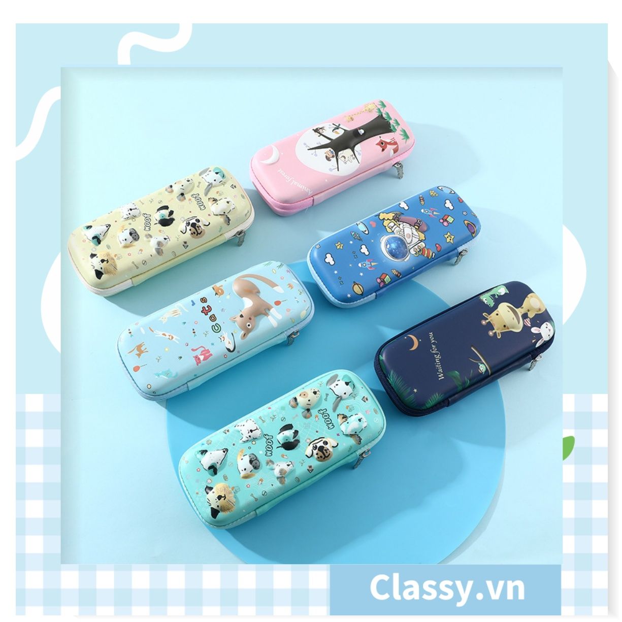 PK922 Hộp văn phòng phẩm đựng bút chất liệu Silicon dẻo, siêu bền, màu pastel đính họa tiết hoạt hình ngộ nghĩnh