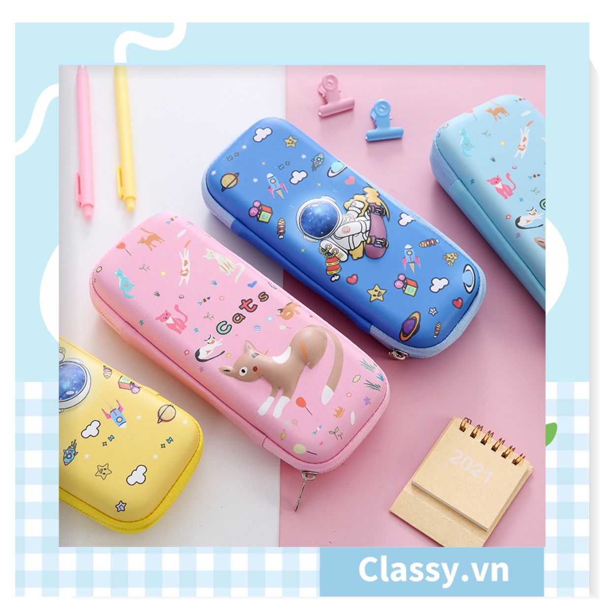 PK922 Hộp văn phòng phẩm đựng bút chất liệu Silicon dẻo, siêu bền, màu pastel đính họa tiết hoạt hình ngộ nghĩnh