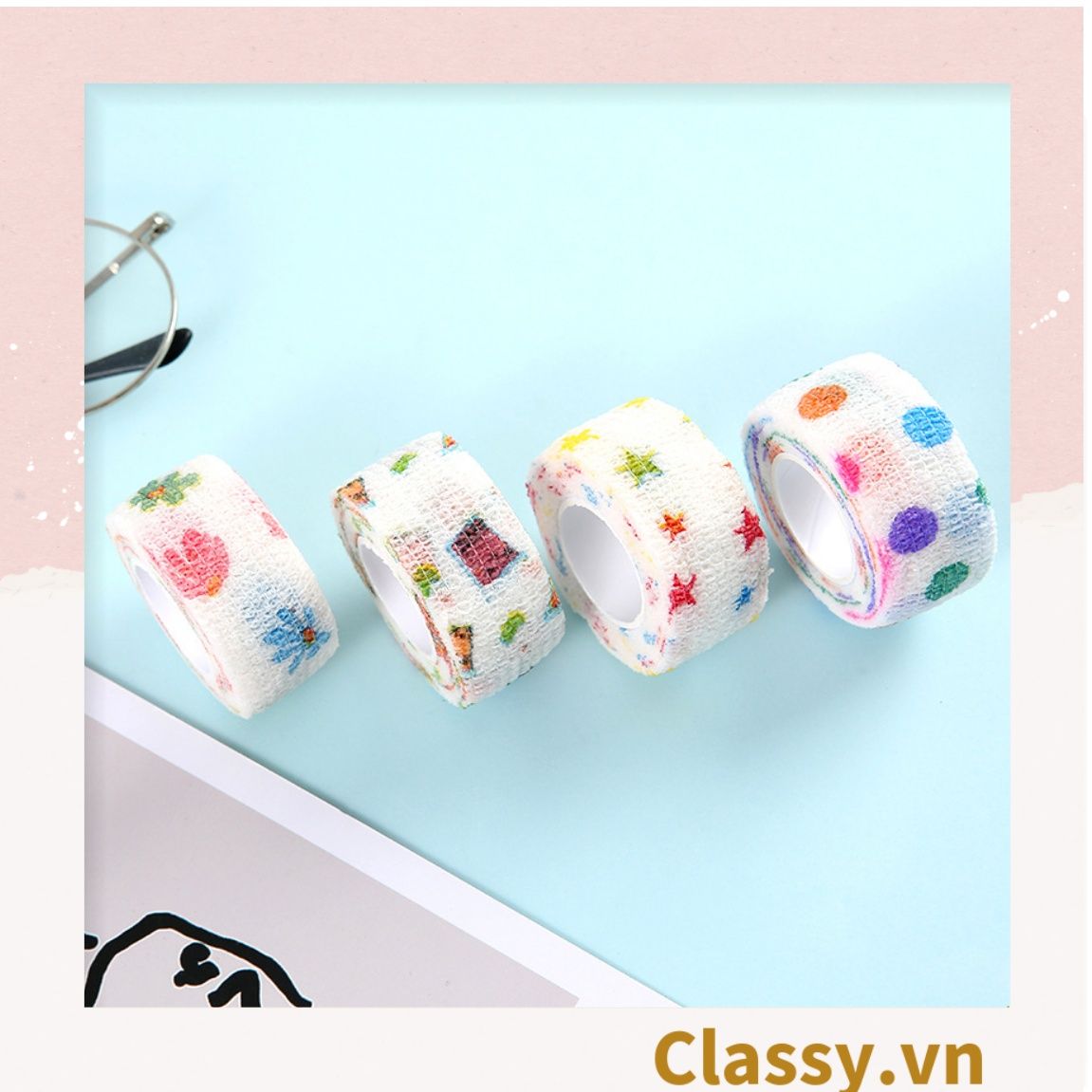 PK939 01 cuộn Băng dính washi tape họa tiết dễ thương hoạ tiết hấm bi nhiều màu, trang trí sổ tay, văn phòng