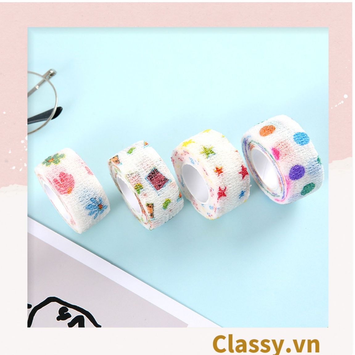  PK939 01 cuộn Băng dính washi tape họa tiết dễ thương hoạ tiết hấm bi nhiều màu,  trang trí sổ tay, văn phòng 