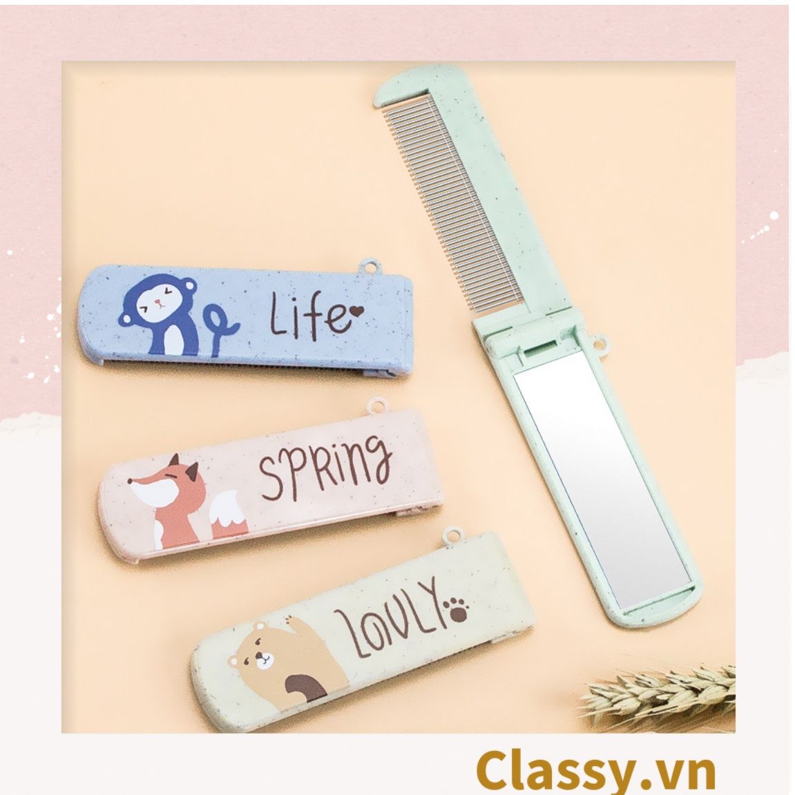 PK951 Lược Mini kèm gương có thể gấp lại, gọn nhẹ, tiện dụng, xinh xắn họa tiết động vật