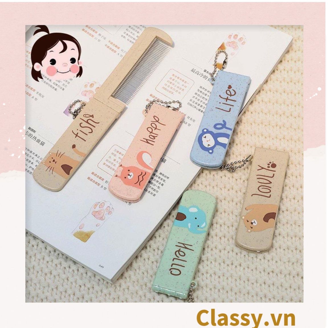 PK951 Lược Mini kèm gương có thể gấp lại, gọn nhẹ, tiện dụng, xinh xắn họa tiết động vật