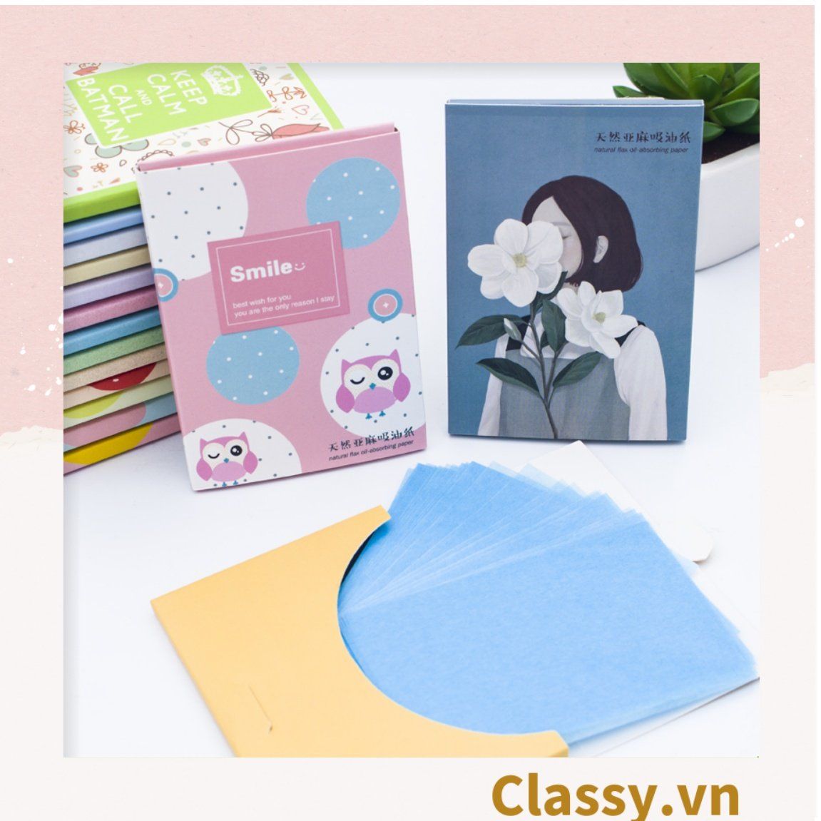 Bộ 50 miếng giấy thấm dầu màu xanh chiết xuất từ hạt lanh dành cho bạn gái Giấy thấm dầu cho da mặt PK954