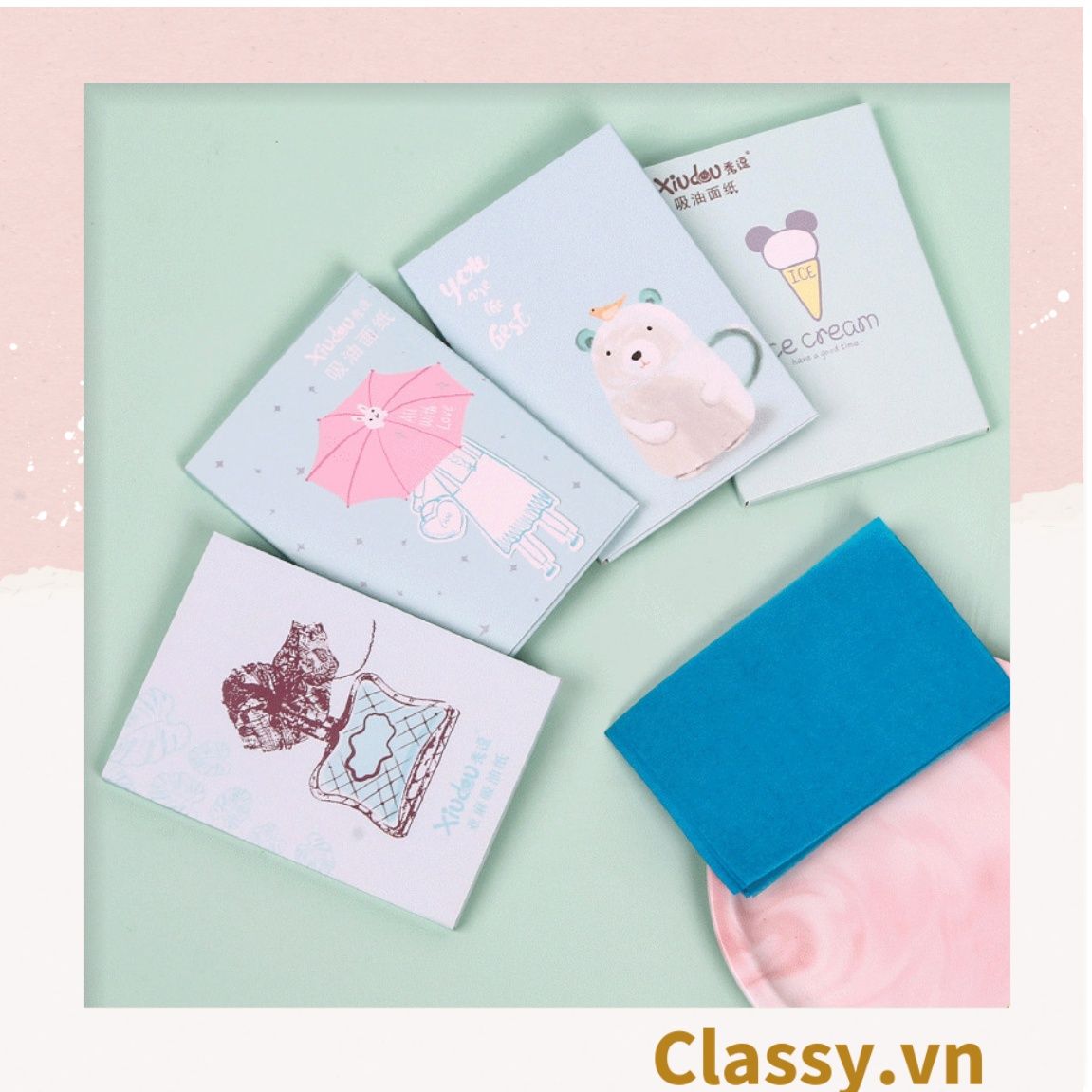 Bộ 50 miếng giấy thấm dầu màu xanh chiết xuất từ hạt lanh dành cho bạn gái Giấy thấm dầu cho da mặt PK954