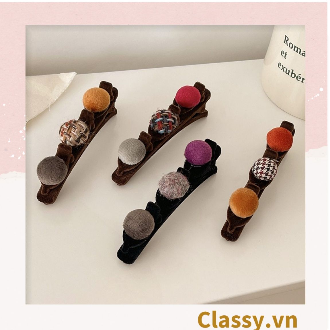 PK957 Kẹp tóc dạng clip mỏ vịt, giúp làm phồng tóc, tạo dáng điệu đà cho tóc đính 3 nút tròn bọc vải tuýt