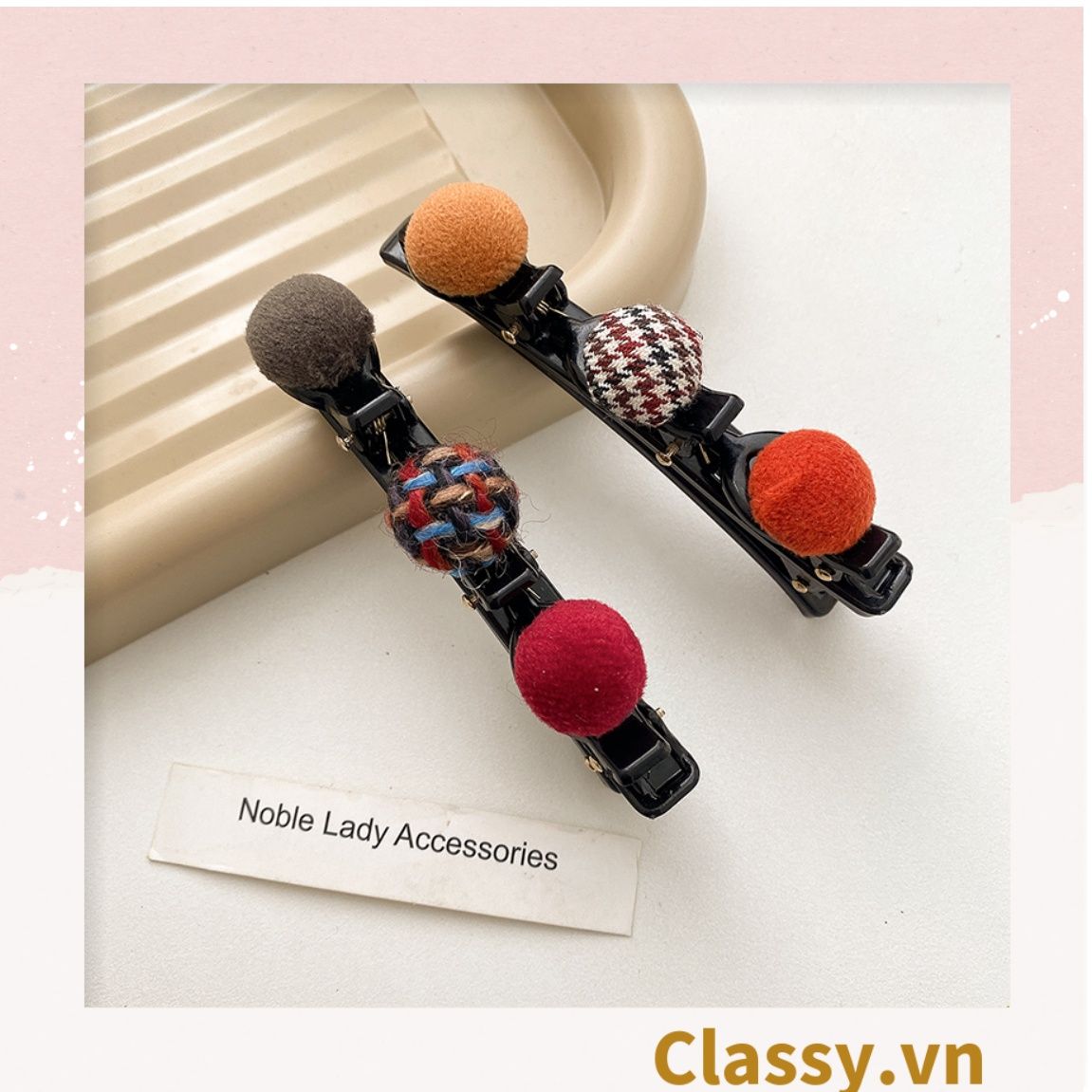 PK957 Kẹp tóc dạng clip mỏ vịt, giúp làm phồng tóc, tạo dáng điệu đà cho tóc đính 3 nút tròn bọc vải tuýt