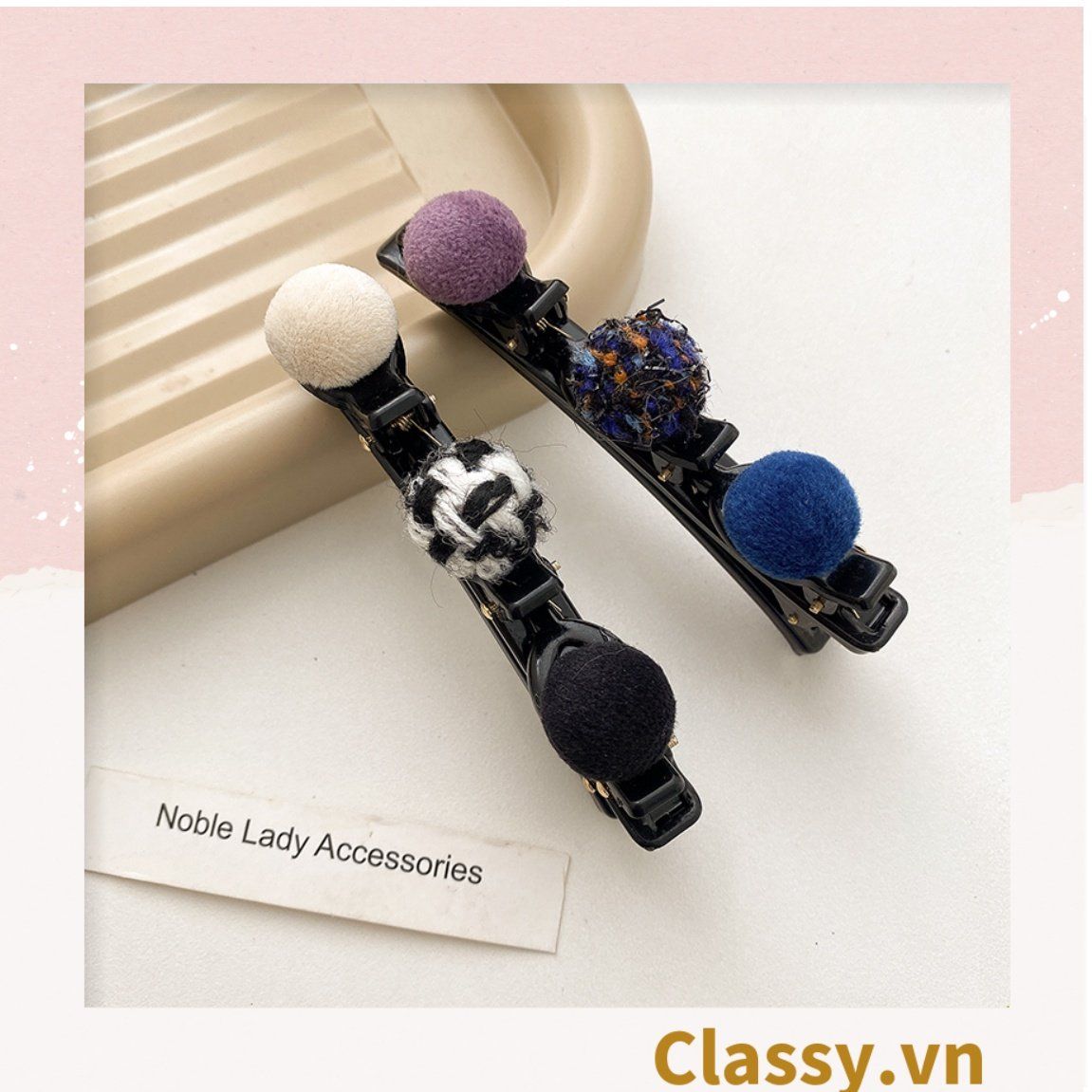 PK957 Kẹp tóc dạng clip mỏ vịt, giúp làm phồng tóc, tạo dáng điệu đà cho tóc đính 3 nút tròn bọc vải tuýt