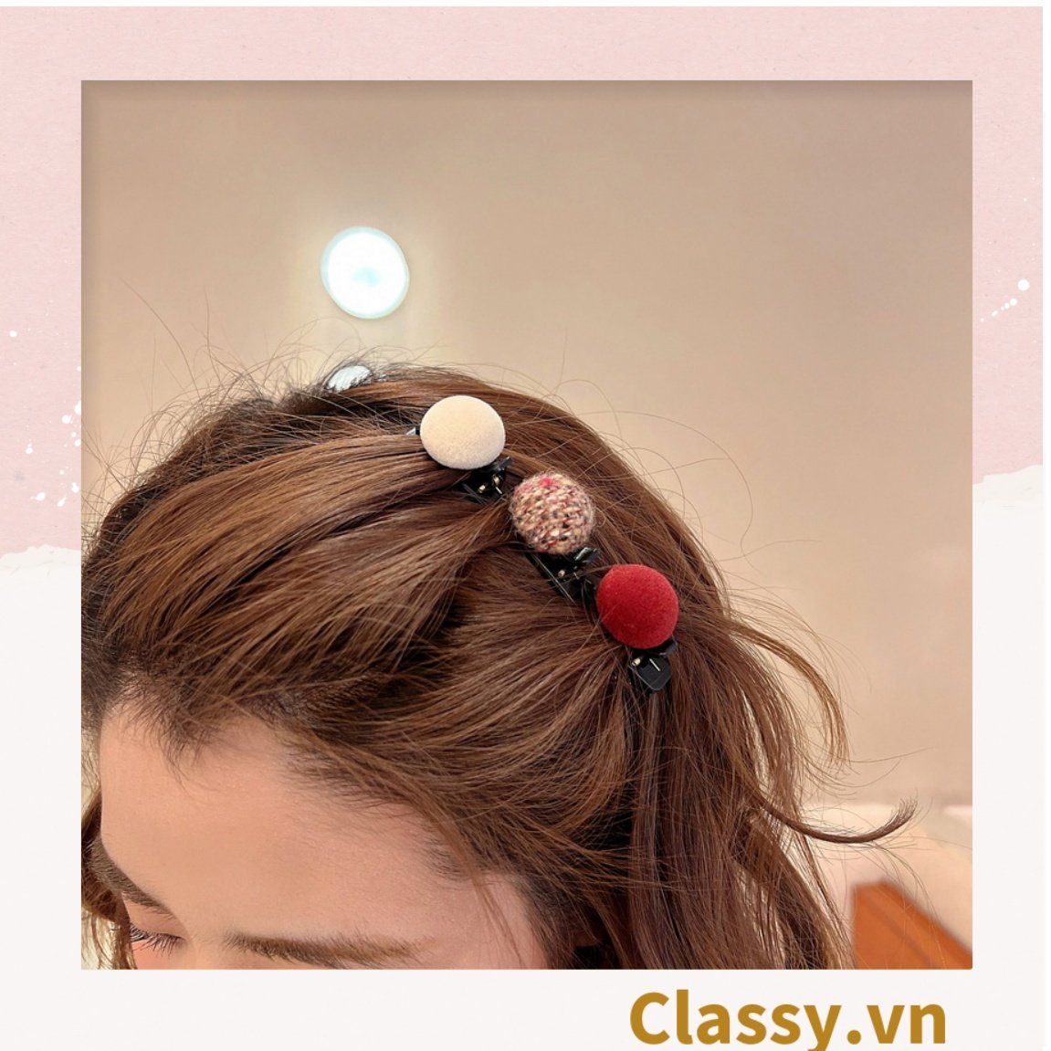 PK957 Kẹp tóc dạng clip mỏ vịt, giúp làm phồng tóc, tạo dáng điệu đà cho tóc đính 3 nút tròn bọc vải tuýt