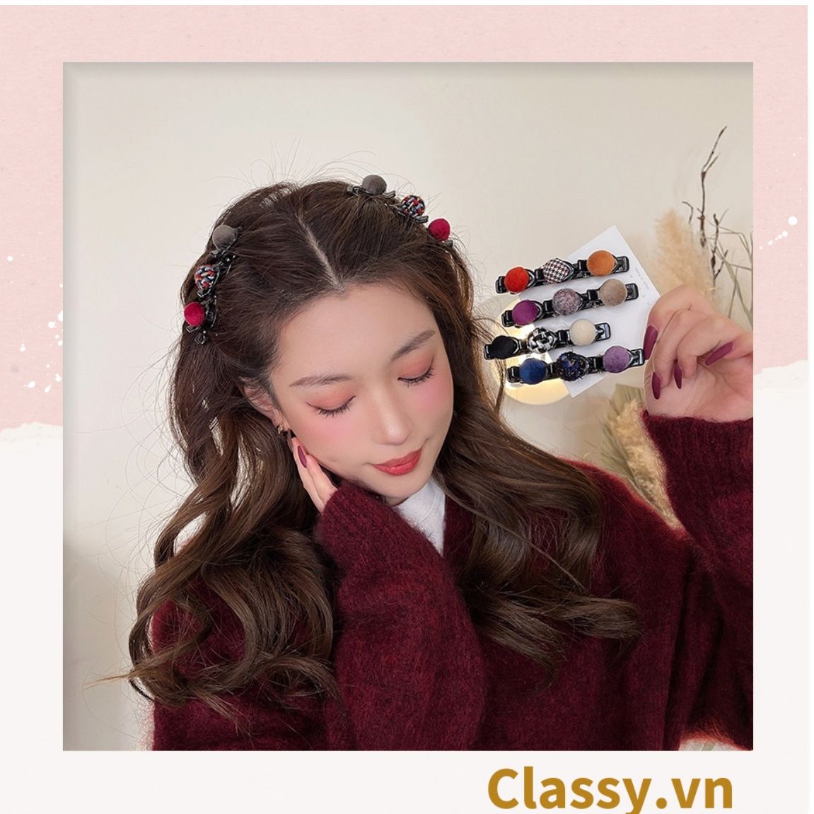 PK957 Kẹp tóc dạng clip mỏ vịt, giúp làm phồng tóc, tạo dáng điệu đà cho tóc đính 3 nút tròn bọc vải tuýt