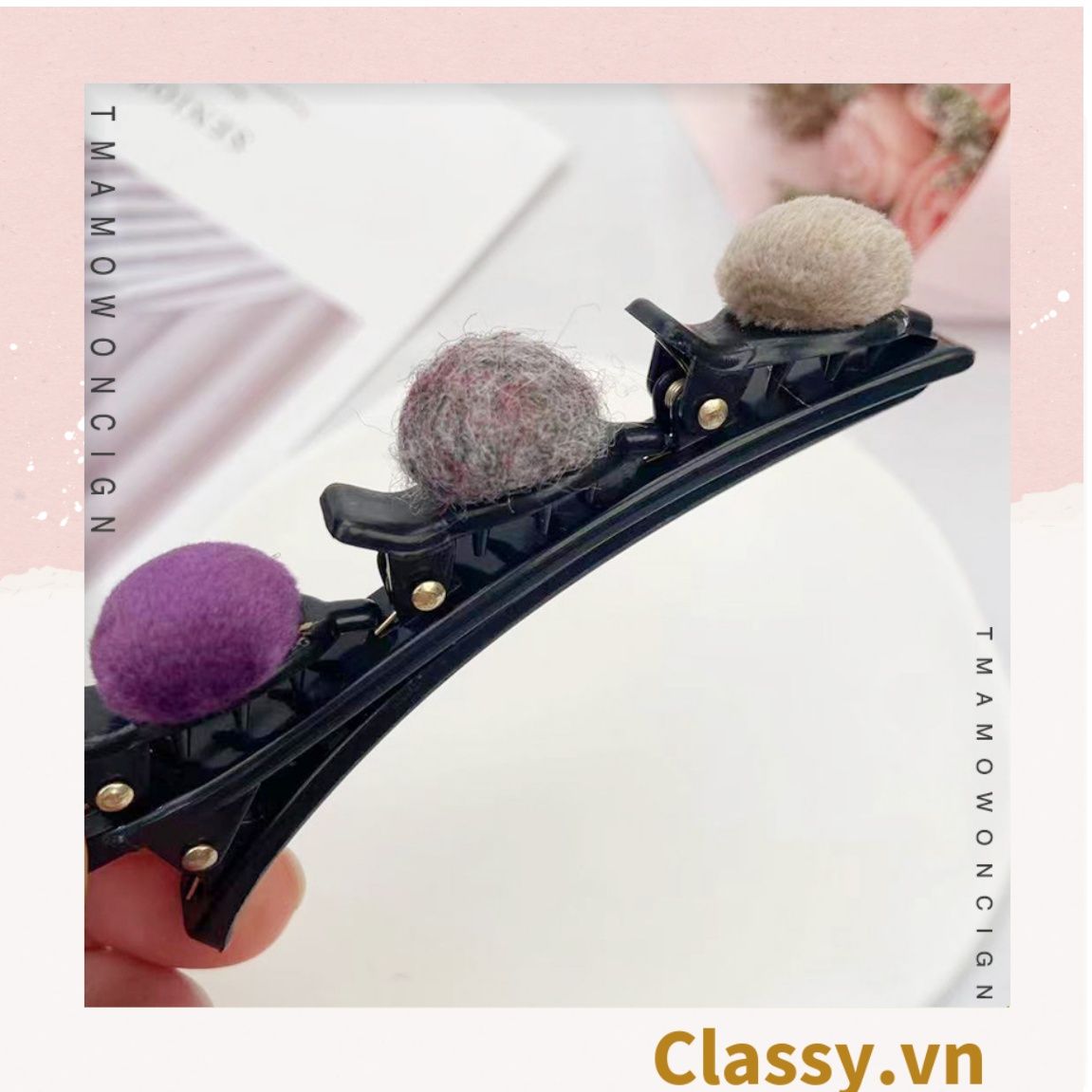 PK957 Kẹp tóc dạng clip mỏ vịt, giúp làm phồng tóc, tạo dáng điệu đà cho tóc đính 3 nút tròn bọc vải tuýt