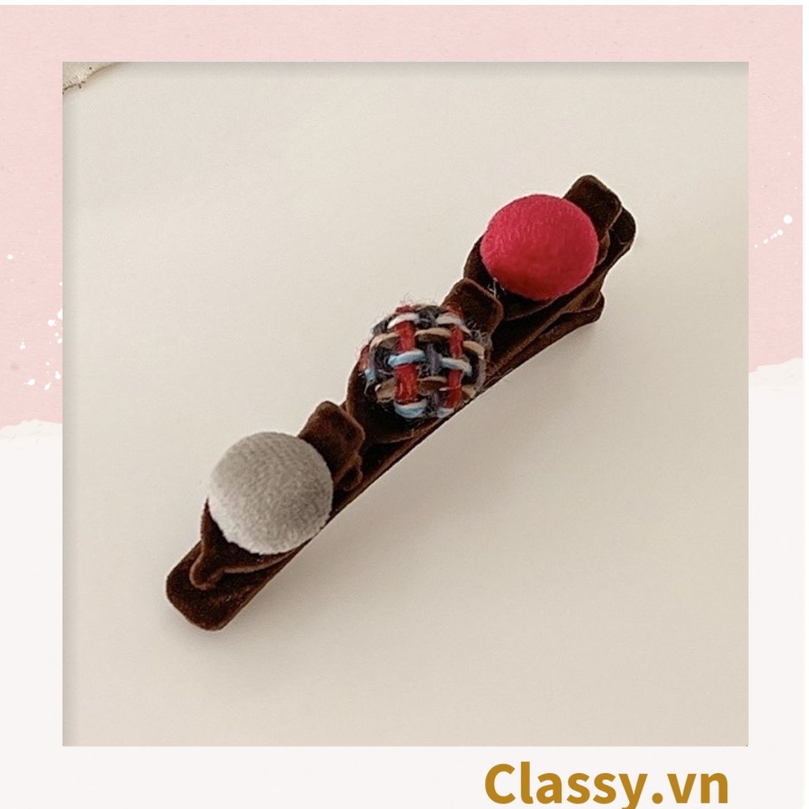 PK957 Kẹp tóc dạng clip mỏ vịt, giúp làm phồng tóc, tạo dáng điệu đà cho tóc đính 3 nút tròn bọc vải tuýt