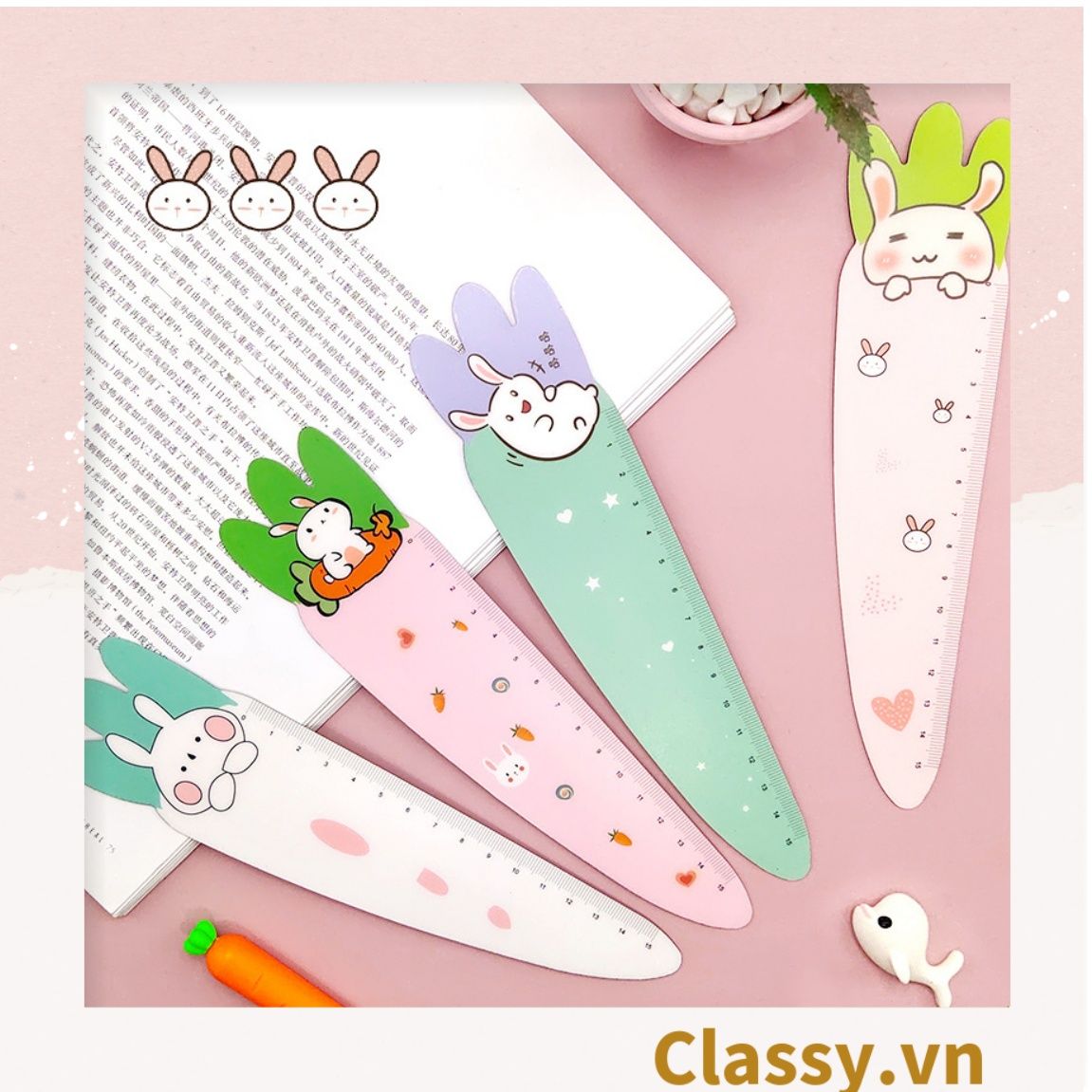 PK976 Thước kiêm kẹp dấu trang họa tiết thỏ màu hồng, hình củ cà rốt có gắn tua rua xinh xắn ngộ nghĩnh