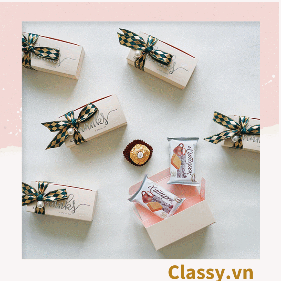 Hộp quà tặng tự gấp đính kèm ruy băng, đựng kẹo cưới, quà cảm ơn phong cách châu âu, nhiều màu sắc cho bạn lựa chọn Q1012