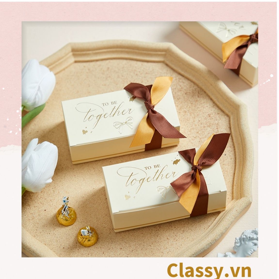 Hộp quà tặng tự gấp đính kèm ruy băng, đựng kẹo cưới, quà cảm ơn phong cách châu âu, nhiều màu sắc cho bạn lựa chọn Q1012