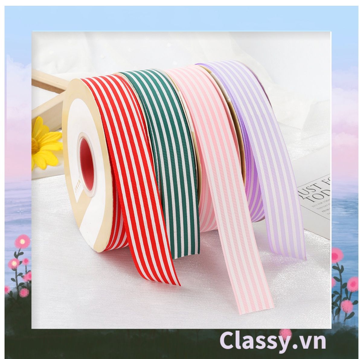 Ruy băng vải sợi poly dài 01MÉT, họa tiết kẻ sọc, nhiều màu Q1084