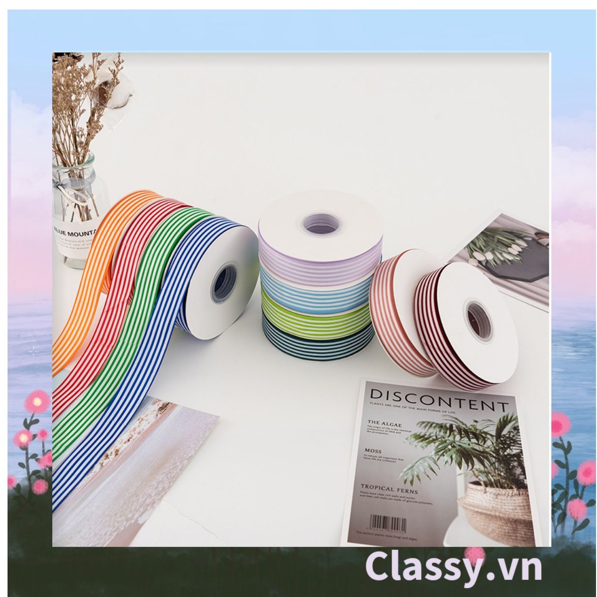 Ruy băng vải sợi poly dài 01MÉT, họa tiết kẻ sọc, nhiều màu Q1084