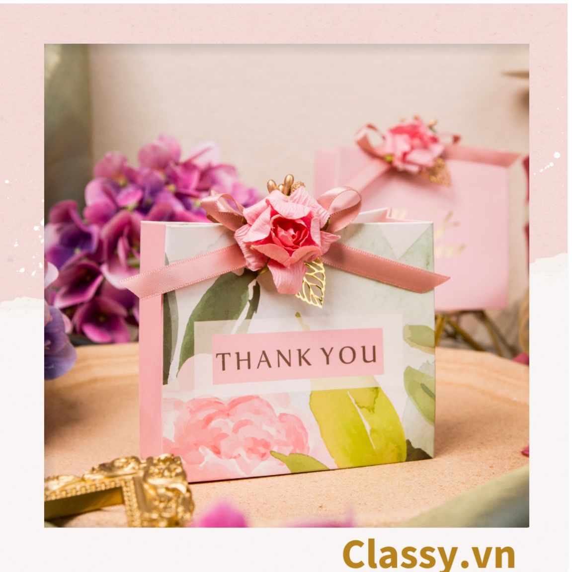  Túi giấy Thank You đính hoa sang trọng, dùng làm quà tặng sinh nhật, valetine, kỷ niệm Q1347 