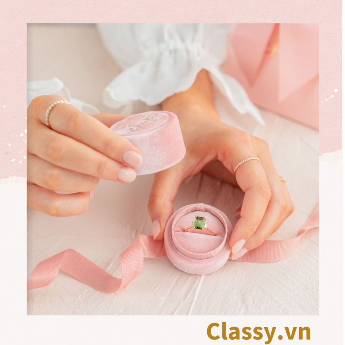 Túi giấy đính nơ cao cấp màu hồng, hộp đựng trang sức nhẫn, dây chuyền bằng nhung Q1348