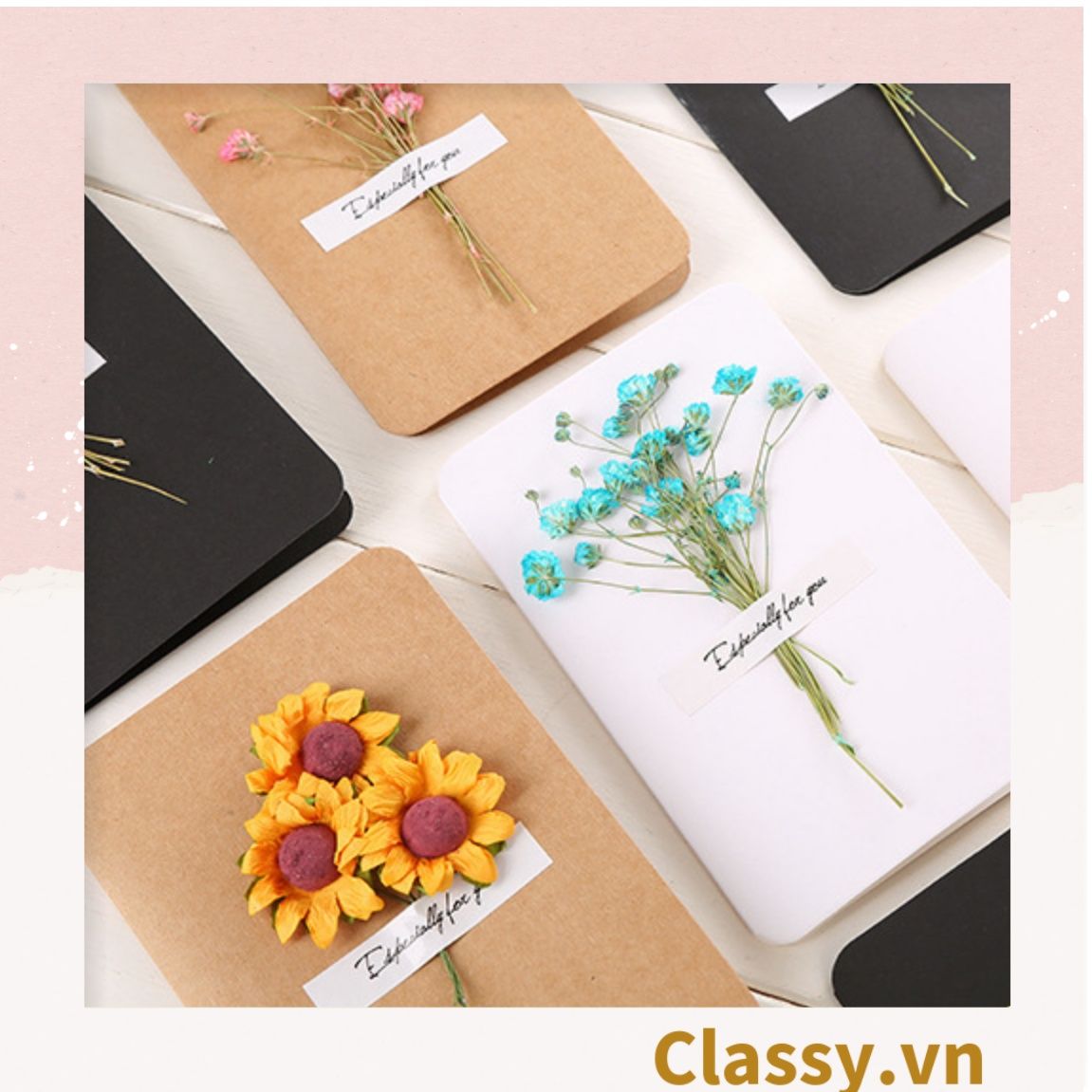 Classy Thiệp chúc mừng, thiệp giáng sinh có gắn hoa khô trang trí Q1366