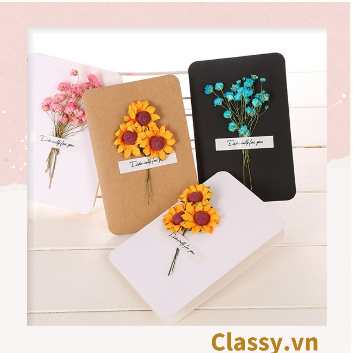 Classy Thiệp chúc mừng, thiệp giáng sinh có gắn hoa khô trang trí Q1366