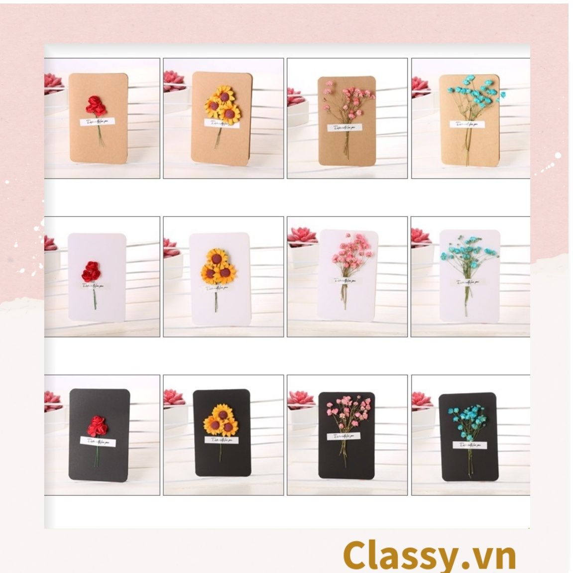Classy Thiệp chúc mừng, thiệp giáng sinh có gắn hoa khô trang trí Q1366