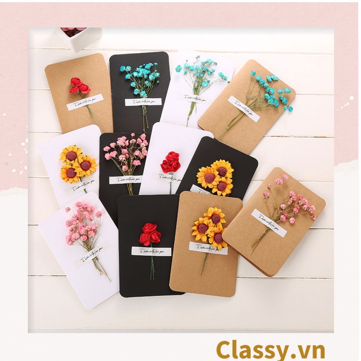 Classy Thiệp chúc mừng, thiệp giáng sinh có gắn hoa khô trang trí Q1366