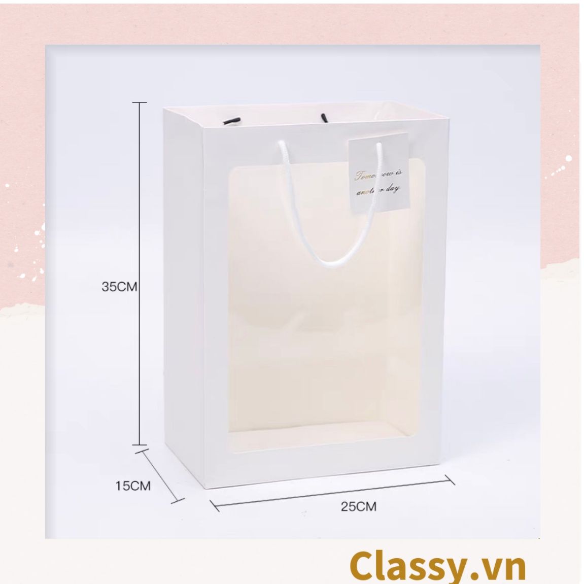 Túi giấy hồng trong suốt kích thước 25x15x35CM dùng làm quà tặng Q1404