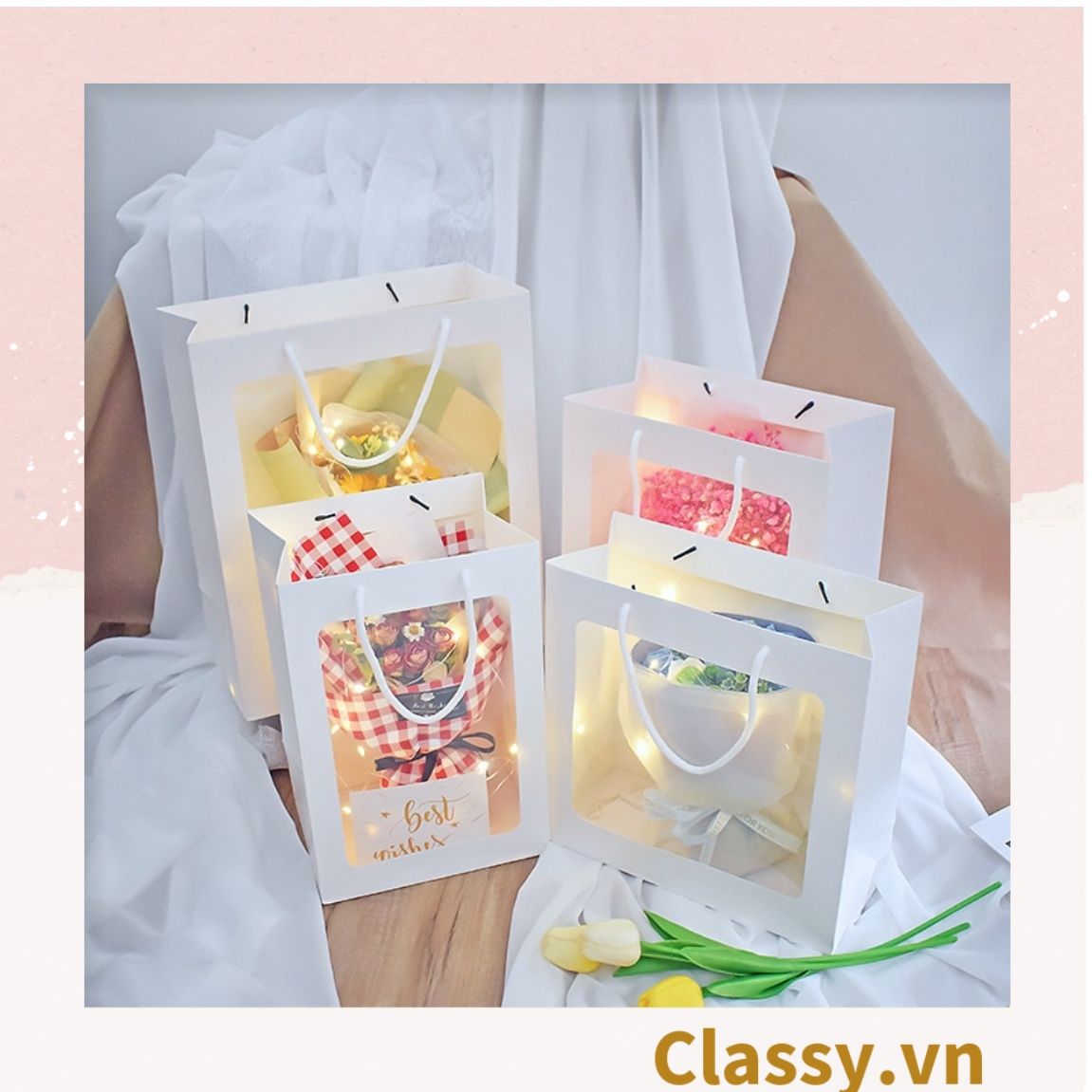 Túi giấy hồng trong suốt kích thước 25x15x35CM dùng làm quà tặng Q1404