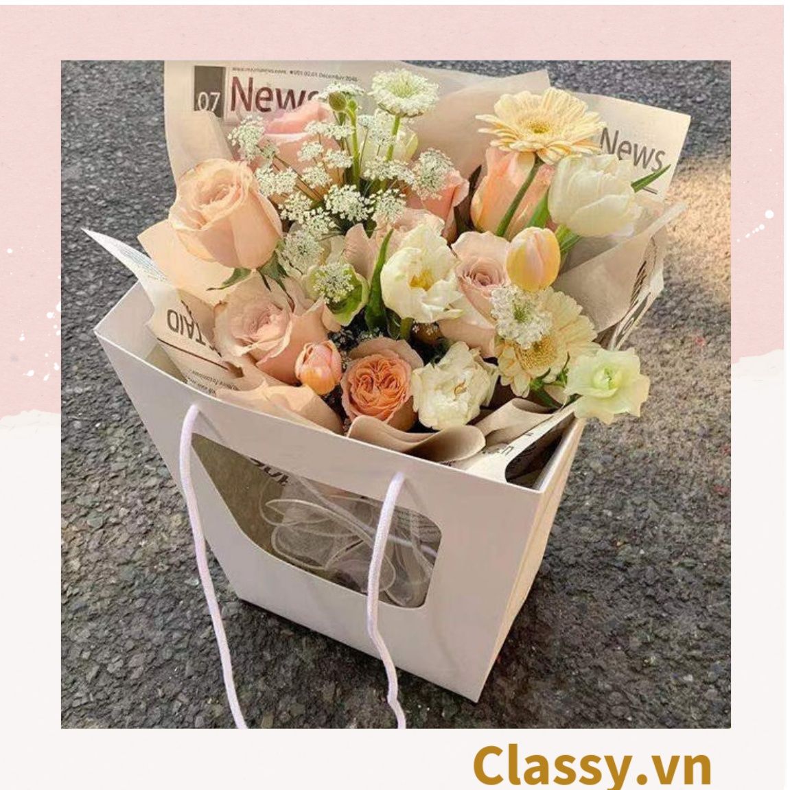Túi giấy hồng trong suốt kích thước 25x15x35CM dùng làm quà tặng Q1404