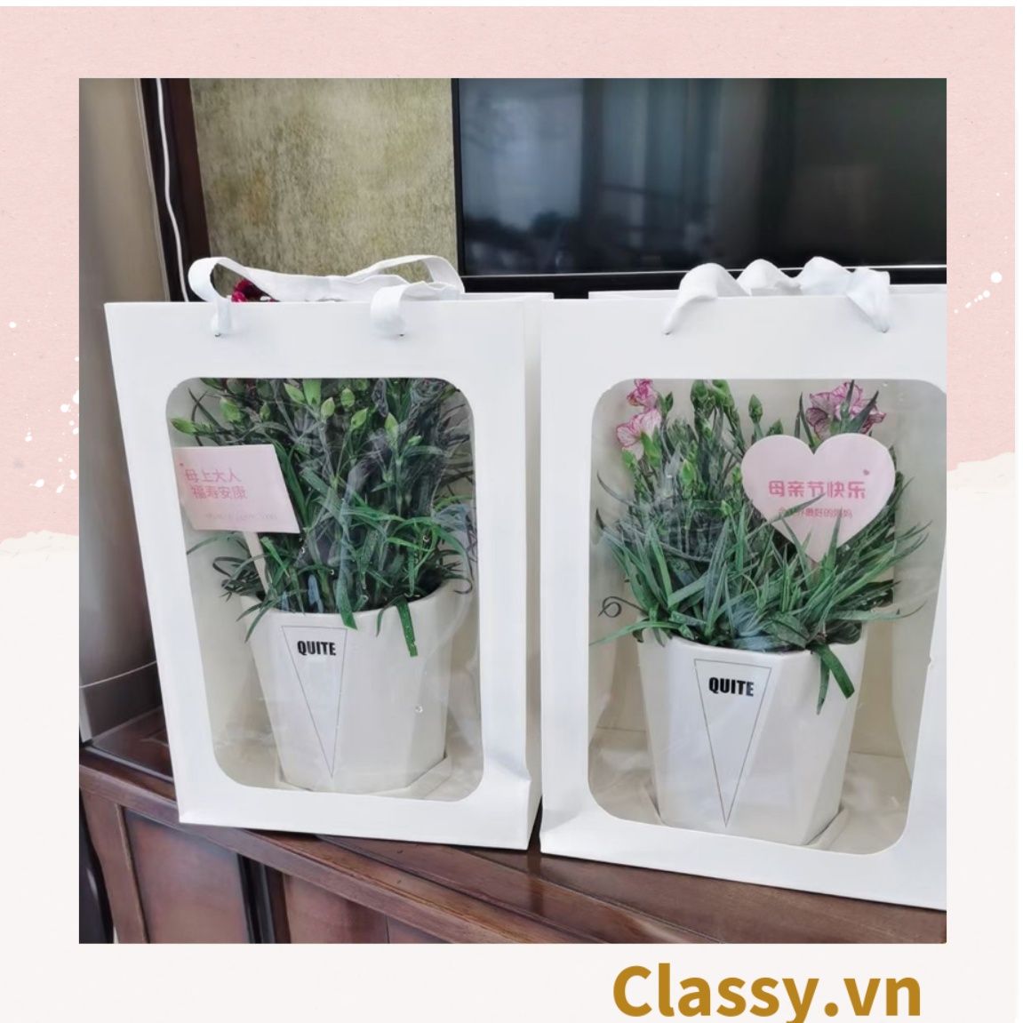 Túi giấy hồng trong suốt kích thước 25x15x35CM dùng làm quà tặng Q1404